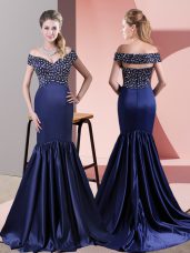 Sophisticated Blue Off The Shoulder Zipper Beading Prom Dresses Sweep Train Sleeveless