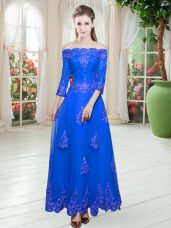 Floor Length Royal Blue Prom Gown Tulle 3 4 Length Sleeve Lace