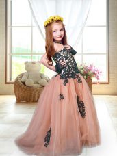Gorgeous Peach Tulle Lace Up Spaghetti Straps Sleeveless Pageant Dress for Girls Brush Train Appliques