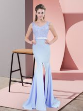 Baby Blue V-neck Zipper Beading and Lace Prom Evening Gown Brush Train Sleeveless
