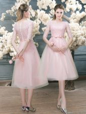 Pink A-line Lace Evening Dress Zipper Tulle Half Sleeves Tea Length