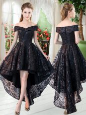 High Low Black Prom Dress Sleeveless Lace