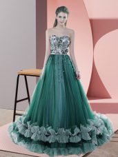 Dark Green Sleeveless Tulle Sweep Train Lace Up Homecoming Dress for Prom and Party and Military Ball
