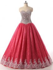 Free and Easy Floor Length Lace Up Sweet 16 Dress Coral Red for Military Ball and Sweet 16 and Quinceanera with Beading and Appliques