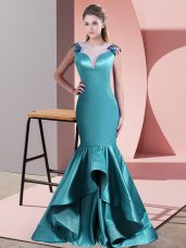 Eye-catching Teal Zipper Scoop Beading and Lace Prom Dress Satin Sleeveless Sweep Train