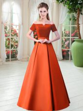 Nice Short Sleeves Floor Length Belt Lace Up Prom Gown with Orange Red