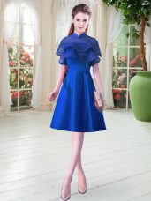 Low Price Cap Sleeves Satin Knee Length Lace Up Prom Gown in Royal Blue with Ruffled Layers