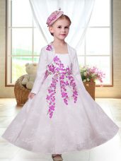 White Sleeveless Embroidery Ankle Length Flower Girl Dress