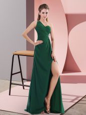Free and Easy One Shoulder Sleeveless Sweep Train Backless Evening Dress Green Satin