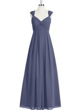 Blue A-line Ruching Prom Gown Zipper Chiffon Sleeveless Floor Length