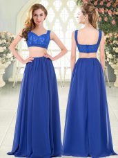 Customized Royal Blue Chiffon Zipper Straps Sleeveless Floor Length Prom Party Dress Beading and Lace