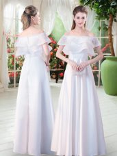 White Satin Zipper Off The Shoulder Short Sleeves Floor Length Dress for Prom Lace