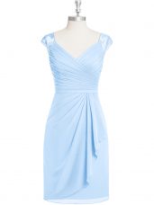 Light Blue Homecoming Dress Prom and Party and Military Ball with Appliques and Ruching V-neck Cap Sleeves Zipper