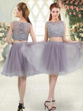 Glittering Grey Two Pieces Organza Scoop Sleeveless Beading and Lace Knee Length Zipper