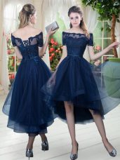 Navy Blue A-line Lace Womens Party Dresses Lace Up Tulle Short Sleeves High Low