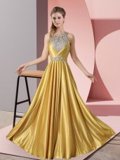 Floor Length Gold Evening Dress Halter Top Sleeveless Lace Up