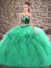 Graceful Turquoise Tulle Lace Up Sweetheart Sleeveless Floor Length Sweet 16 Dresses Beading and Embroidery