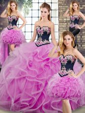 Lilac Sweetheart Lace Up Embroidery and Ruffles 15 Quinceanera Dress Sweep Train Sleeveless