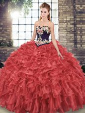 Colorful Sleeveless Embroidery and Ruffles Lace Up 15 Quinceanera Dress with Red Sweep Train