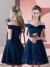 Navy Blue A-line Off The Shoulder Sleeveless Mini Length Lace Up Lace Prom Party Dress