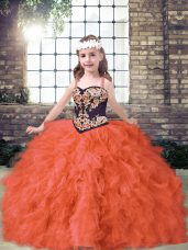 Tulle Straps Sleeveless Lace Up Embroidery and Ruffles Pageant Dress Womens in Orange Red