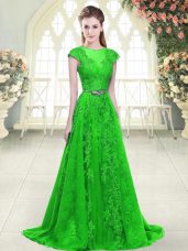 Green A-line Tulle Scoop Cap Sleeves Beading and Lace and Pick Ups Zipper Prom Dresses