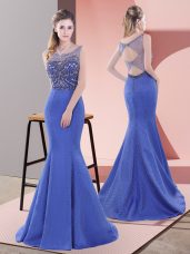 Super Blue Sleeveless Satin Sweep Train Lace Up Dress for Prom for Prom and Party