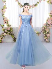 Luxury Floor Length Blue Bridesmaids Dress Tulle Sleeveless Lace