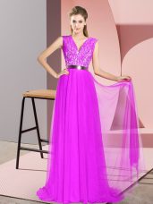 Sleeveless Sweep Train Zipper Prom Evening Gown in Purple with Beading and Lace