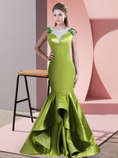 Custom Fit Green and Olive Green Mermaid Scoop Sleeveless Satin Sweep Train Side Zipper Beading Party Dress Wholesale
