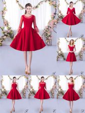Red A-line Scoop 3 4 Length Sleeve Satin Knee Length Zipper Ruching Bridesmaid Dresses