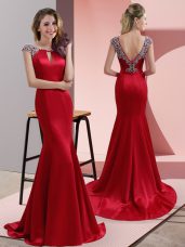 Scoop Cap Sleeves Sweep Train Backless Dress for Prom Red Elastic Woven Satin