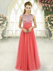 Simple Tulle Scoop Sleeveless Side Zipper Beading Party Dresses in Watermelon Red