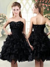 Cheap Sleeveless Organza Mini Length Side Zipper Evening Dress in Black with Beading and Appliques and Ruffles