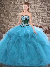 Blue Tulle Lace Up Sweetheart Sleeveless Floor Length Sweet 16 Quinceanera Dress Beading and Embroidery