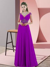 Inexpensive Sleeveless Satin Sweep Train Backless in Purple with Beading