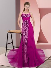 Flirting Fuchsia Sleeveless Sweep Train Beading and Lace Dress for Prom