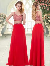 Floor Length Red Dress for Prom Straps Sleeveless Zipper