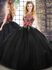 On Sale Black Sleeveless Floor Length Embroidery Zipper Quinceanera Gowns