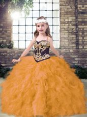 Sweet Floor Length Lace Up Pageant Dress Gold for Party and Wedding Party with Embroidery and Ruffles