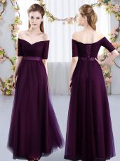 New Style Off The Shoulder Short Sleeves Bridesmaid Dress Floor Length Ruching Dark Purple Tulle
