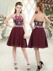Inexpensive Burgundy Sleeveless Knee Length Beading Zipper Dress for Prom