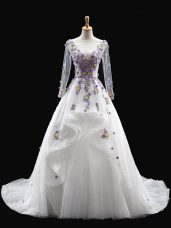 Appliques Ball Gown Prom Dress White Backless Long Sleeves Brush Train