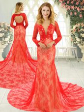 Red Long Sleeves Tulle Court Train Backless Party Dress Wholesale for Prom and Party and Military Ball