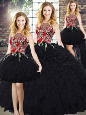 Graceful Black Zipper Quinceanera Dresses Embroidery and Ruffles Sleeveless