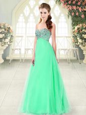 Sleeveless Tulle Floor Length Lace Up Prom Dresses in Apple Green with Beading