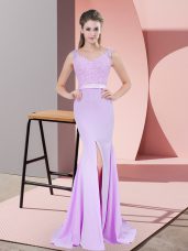 Fitting Lilac Prom Dress V-neck Sleeveless Sweep Train Zipper