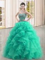 Inexpensive Floor Length Lace Up Sweet 16 Quinceanera Dress Turquoise for Military Ball and Sweet 16 and Quinceanera with Beading and Ruffles
