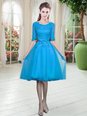 Dramatic Blue Lace Up Lace Half Sleeves Knee Length