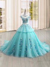 Suitable Cap Sleeves Appliques Lace Up Sweet 16 Dress with Aqua Blue Brush Train
